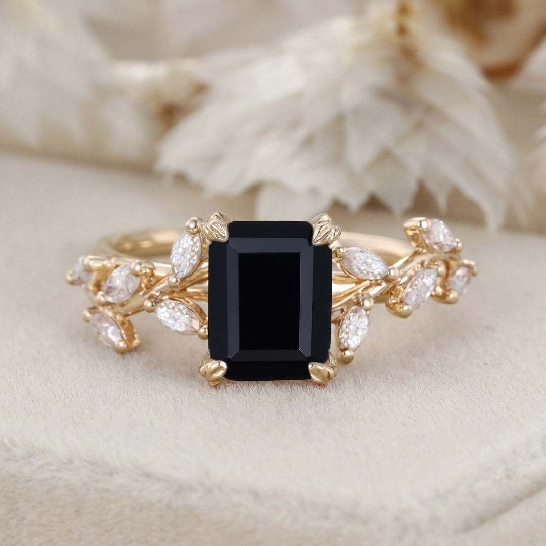 8x6mm Emerald Cut Black Onyx Engagement Ring 14K Solid Gold Ring