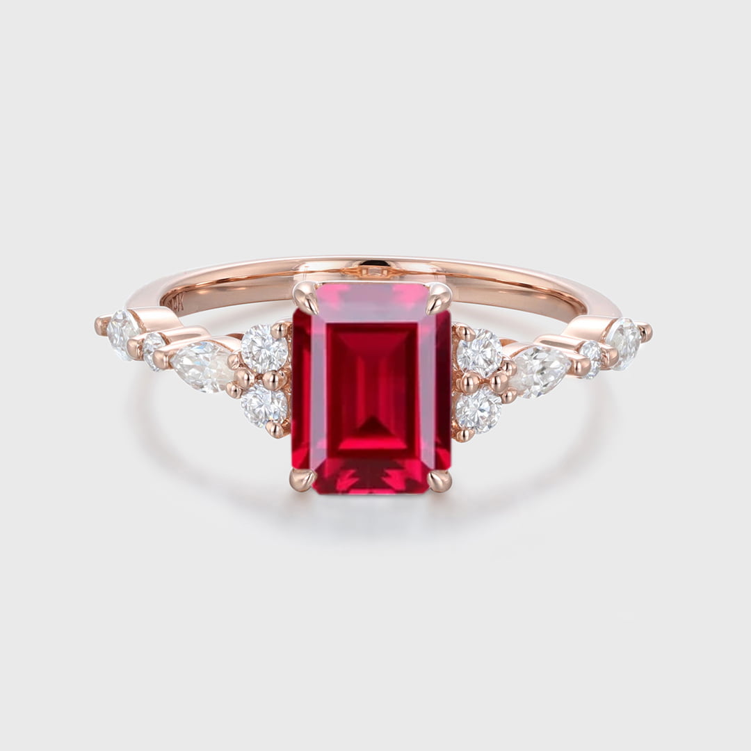 8x6mm Emerald Cut Lab Ruby Engagement Ring 14K Rose Gold Diamond Cluster Ring Art Deco Bridal Promise Ring July Birthstone