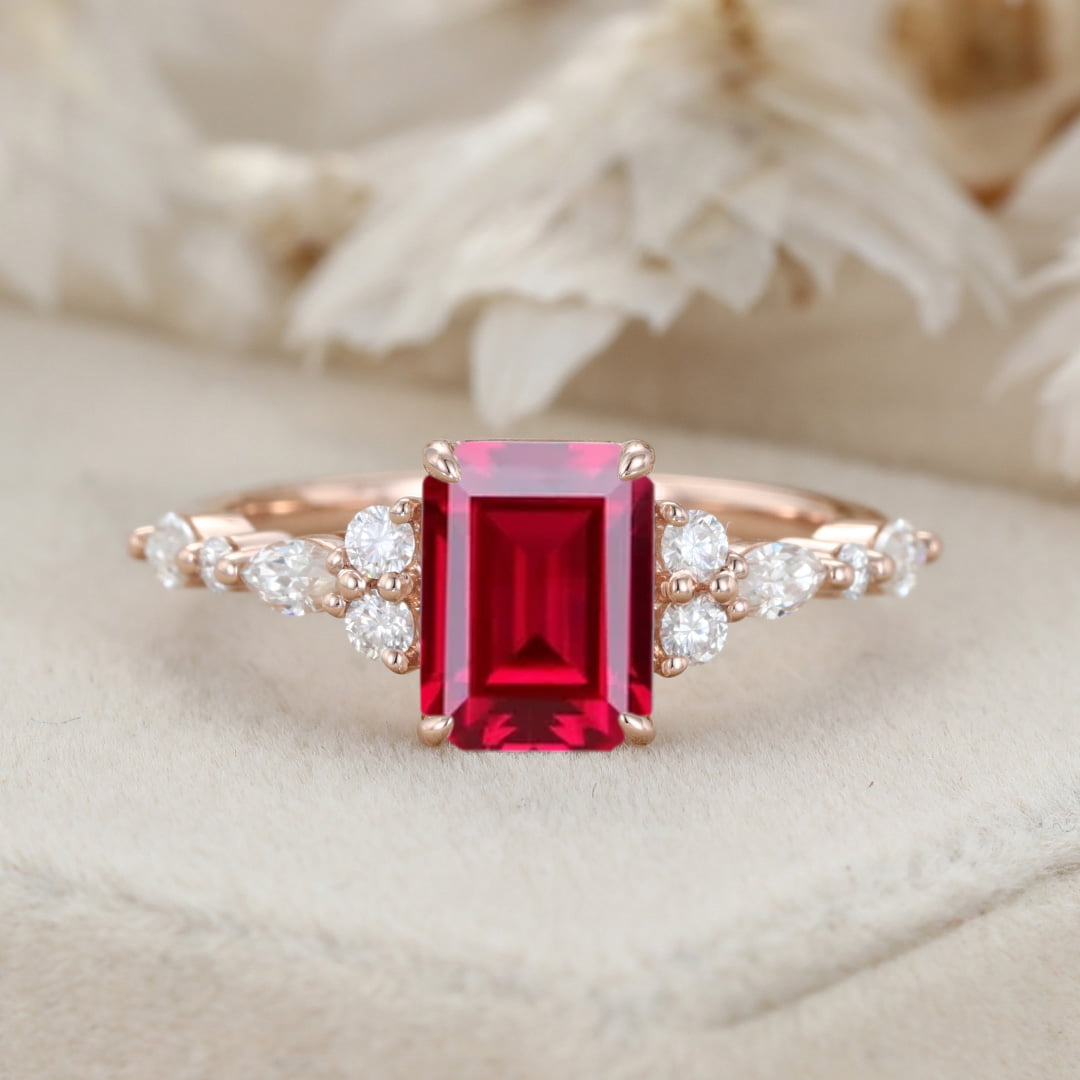 8x6mm Emerald Cut Lab Ruby Engagement Ring 14K Rose Gold Diamond Cluster Ring Art Deco Bridal Promise Ring July Birthstone