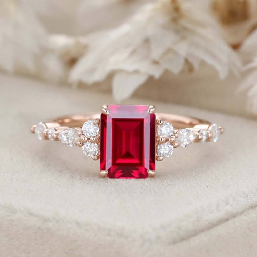 8x6mm Emerald Cut Lab Ruby Engagement Ring 14K Rose Gold Diamond Cluster Ring Art Deco Bridal Promise Ring July Birthstone