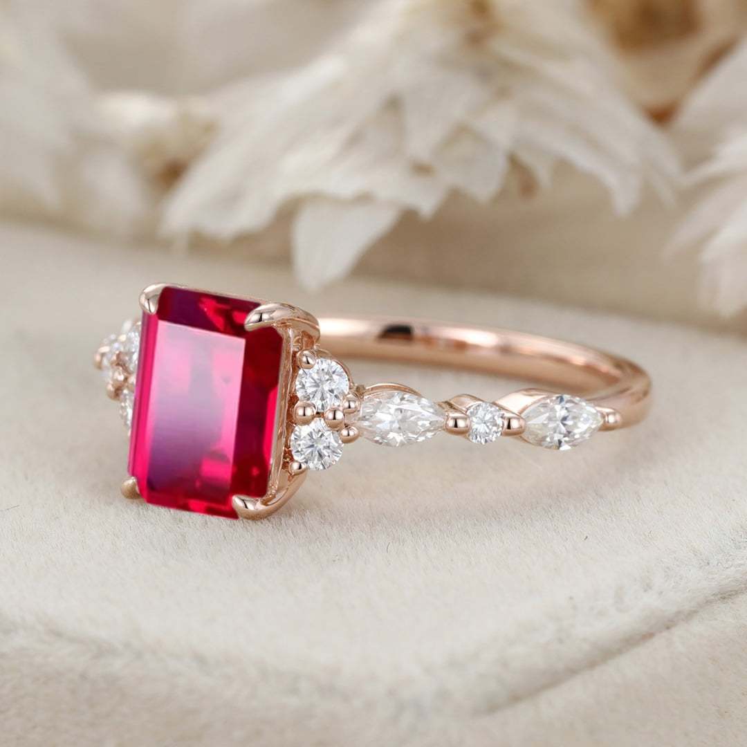 8x6mm Emerald Cut Lab Ruby Engagement Ring 14K Rose Gold Diamond Cluster Ring Art Deco Bridal Promise Ring July Birthstone