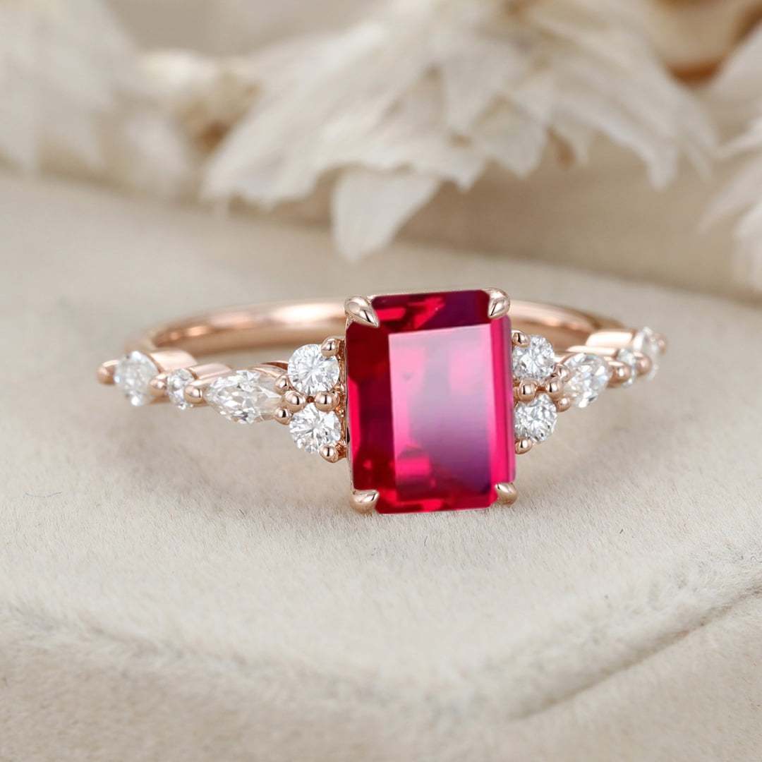 8x6mm Emerald Cut Lab Ruby Engagement Ring 14K Rose Gold Diamond Cluster Ring Art Deco Bridal Promise Ring July Birthstone