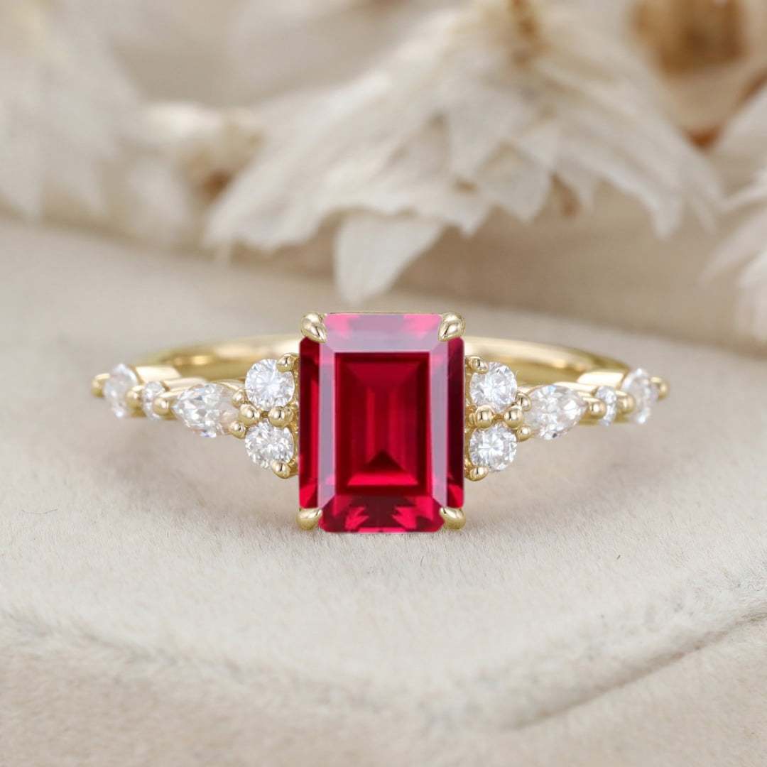 8x6mm Emerald Cut Lab Ruby Engagement Ring 14K Rose Gold Diamond Cluster Ring Art Deco Bridal Promise Ring July Birthstone