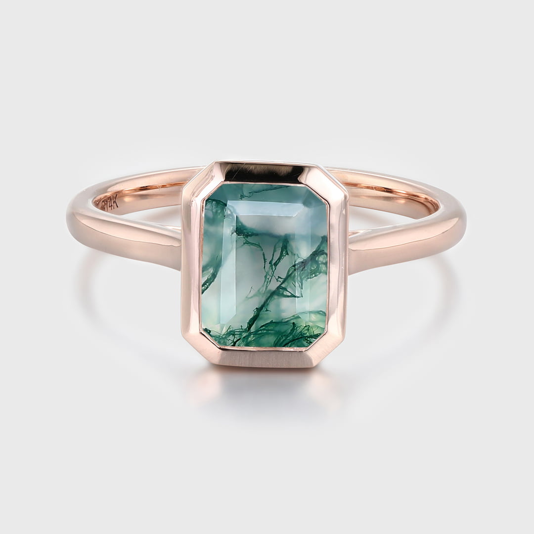 8x6mm Silver Emerald Cut Moss Agate Engagement Ring Bezel Solitaire Promise Ring Gift For Women