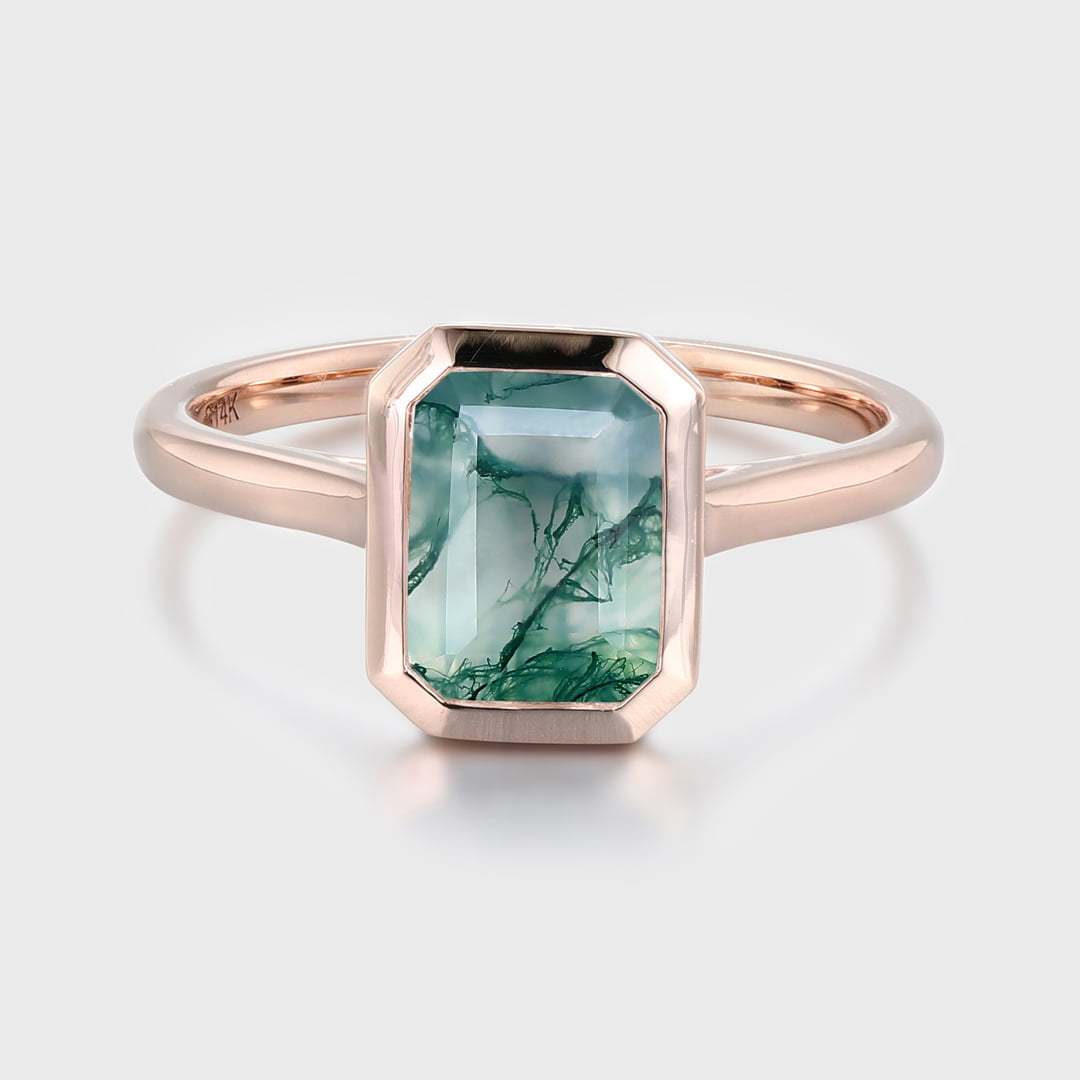 8x6mm Silver Emerald Cut Moss Agate Engagement Ring Bezel Solitaire Promise Ring Gift For Women
