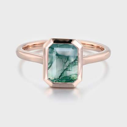 8x6mm Silver Emerald Cut Moss Agate Engagement Ring Bezel Solitaire Promise Ring Gift For Women