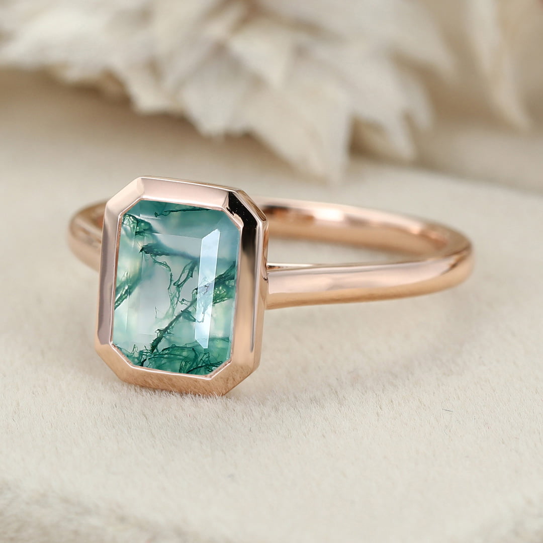 8x6mm Emerald Cut Moss Agate Ring Bezel Solitaire Ring Rose Gold Engagement Ring Gift For Women