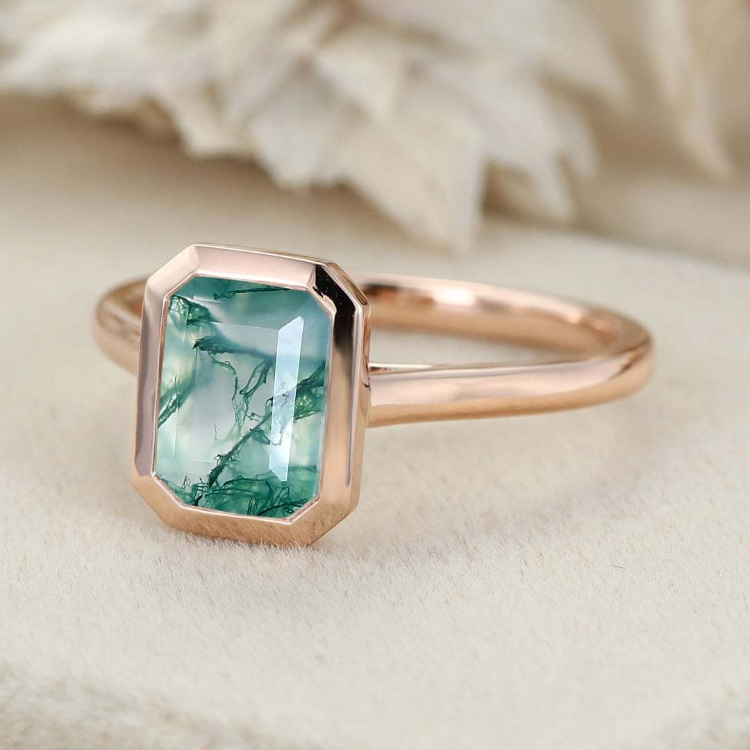 8x6mm Emerald Cut Moss Agate Ring Bezel Solitaire Ring Rose Gold Engagement Ring Gift For Women