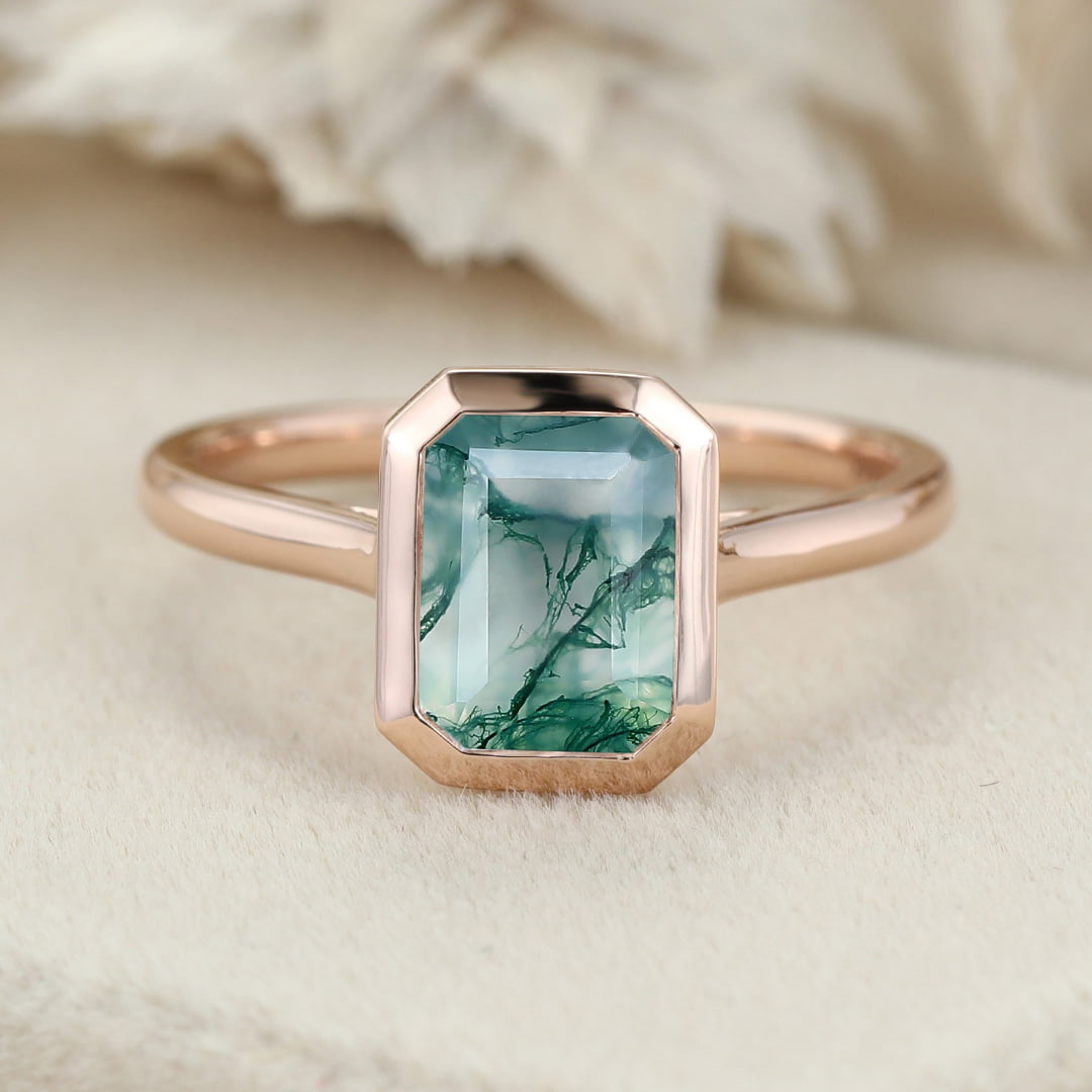 8x6mm Emerald Cut Moss Agate Ring Bezel Solitaire Ring Rose Gold Engagement Ring Gift For Women