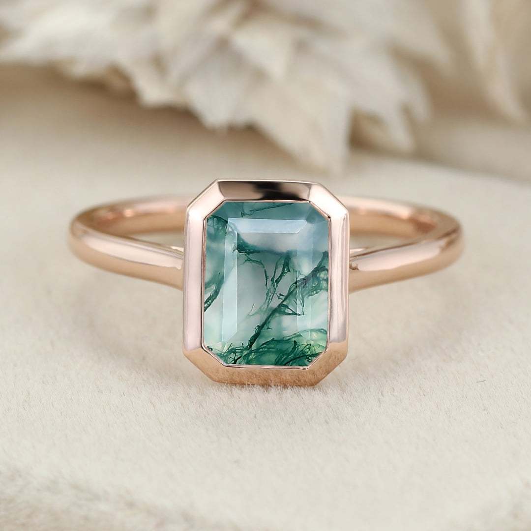 8x6mm Emerald Cut Moss Agate Ring Bezel Solitaire Ring Rose Gold Engagement Ring Gift For Women