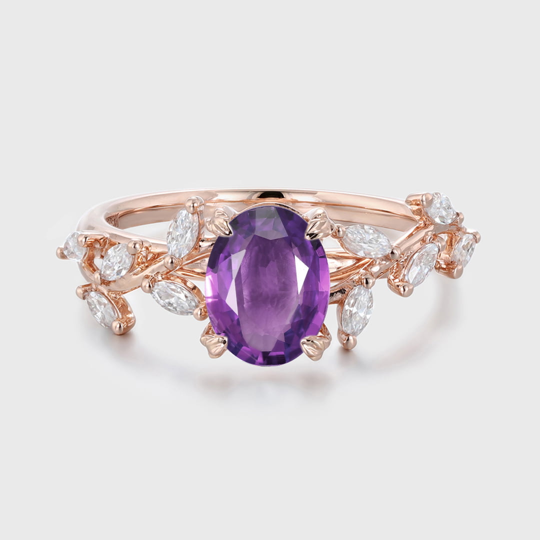 Nature Inspiration Oval Cut Amethyst Engagement Ring Branch Cluster Handcrafted 14K Rose Gold Ring
