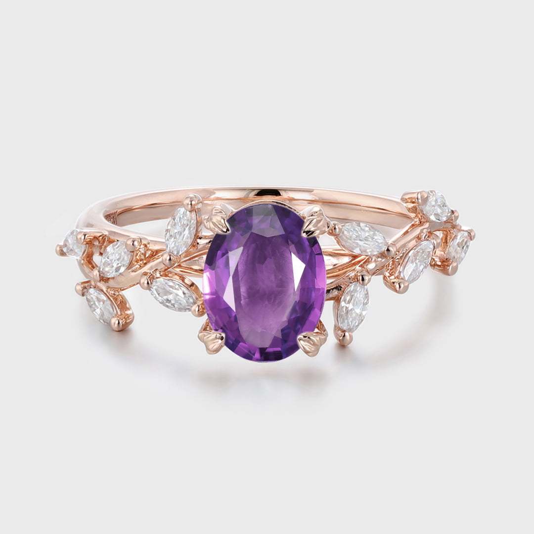 Nature Inspiration Oval Cut Amethyst Engagement Ring Branch Cluster Handcrafted 14K Rose Gold Ring