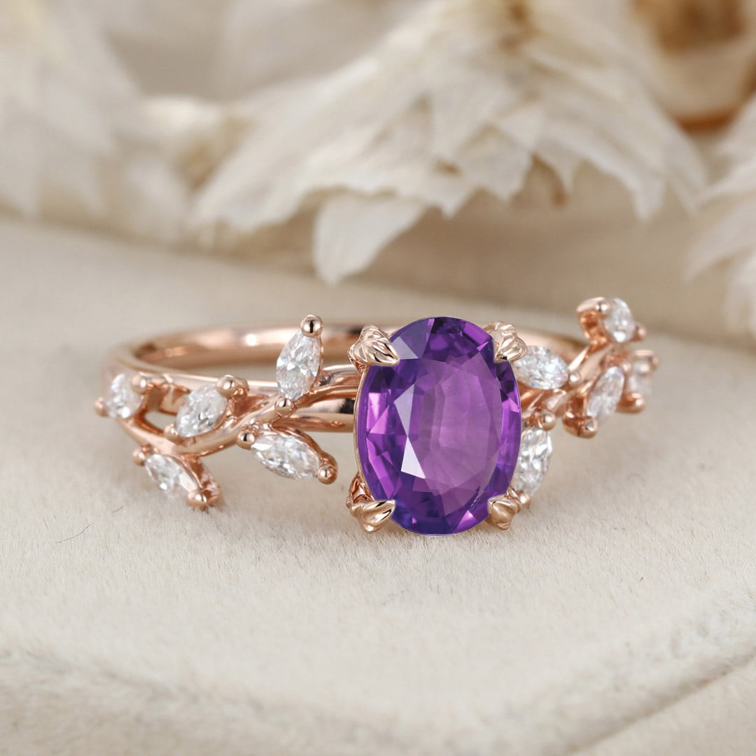 8x6mm Oval Amethyst Engagement Ring Branch Marquise Diamond Cluster Handcrafted 14K Rose Gold Ring
