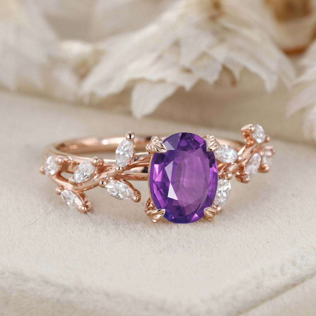 8x6mm Oval Amethyst Engagement Ring Branch Marquise Diamond Cluster Handcrafted 14K Rose Gold Ring