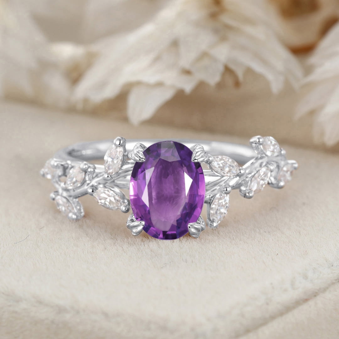 8x6mm Oval Amethyst Engagement Ring Branch Marquise Diamond Cluster Handcrafted 14K Rose Gold Ring