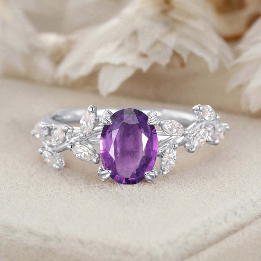8x6mm Oval Amethyst Engagement Ring Branch Marquise Diamond Cluster Handcrafted 14K Rose Gold Ring