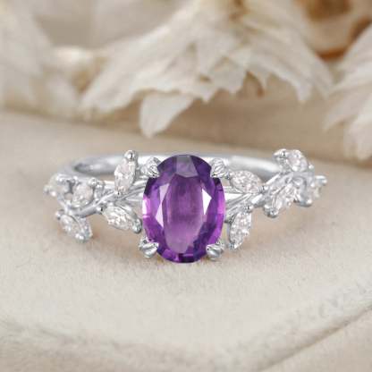 8x6mm Oval Amethyst Engagement Ring Branch Marquise Diamond Cluster Handcrafted 14K Rose Gold Ring