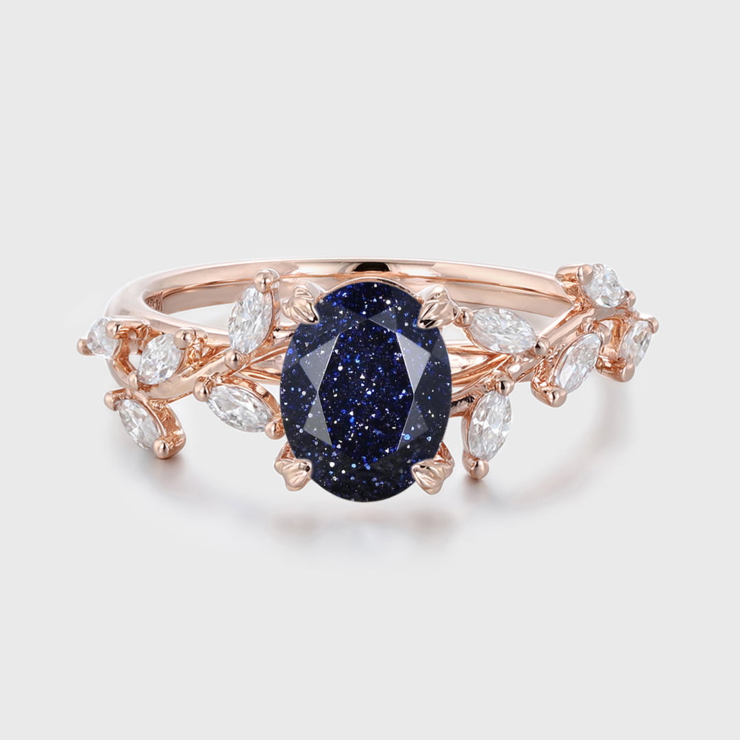 8x6mm Oval Cut Blue Sandstone Cluster Ring 14K Solid Gold Engagement Ring Branch Marquise Moissanite Cluster Ring