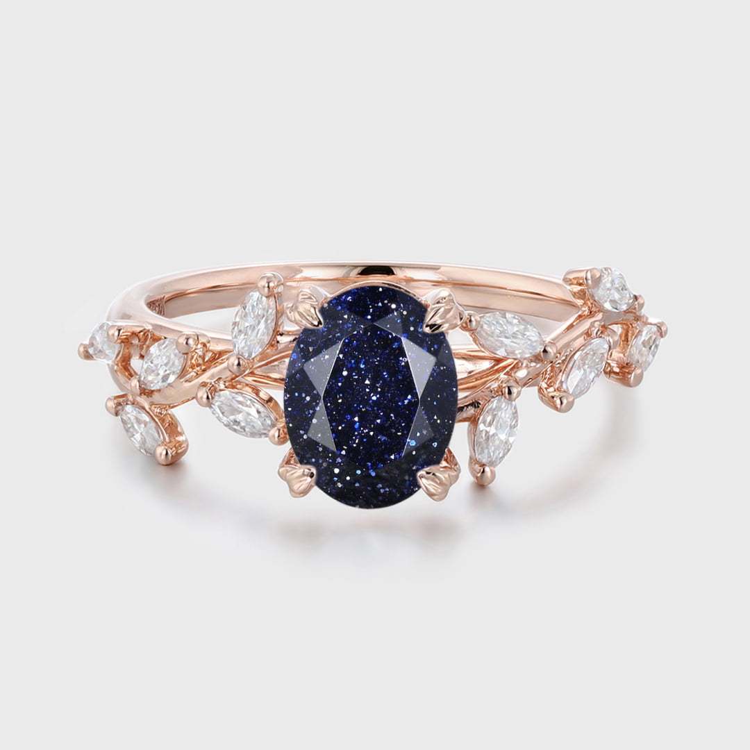 8x6mm Oval Cut Blue Sandstone Cluster Ring 14K Solid Gold Engagement Ring Branch Marquise Moissanite Cluster Ring