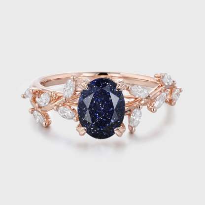 8x6mm Oval Cut Blue Sandstone Cluster Ring 14K Solid Gold Engagement Ring Branch Marquise Moissanite Cluster Ring