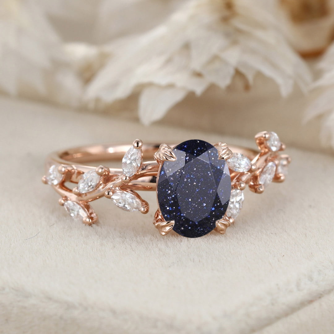 8x6mm Oval Cut Blue Sandstone Cluster Ring 14K Solid Gold Engagement Ring Branch Marquise Moissanite Cluster Ring