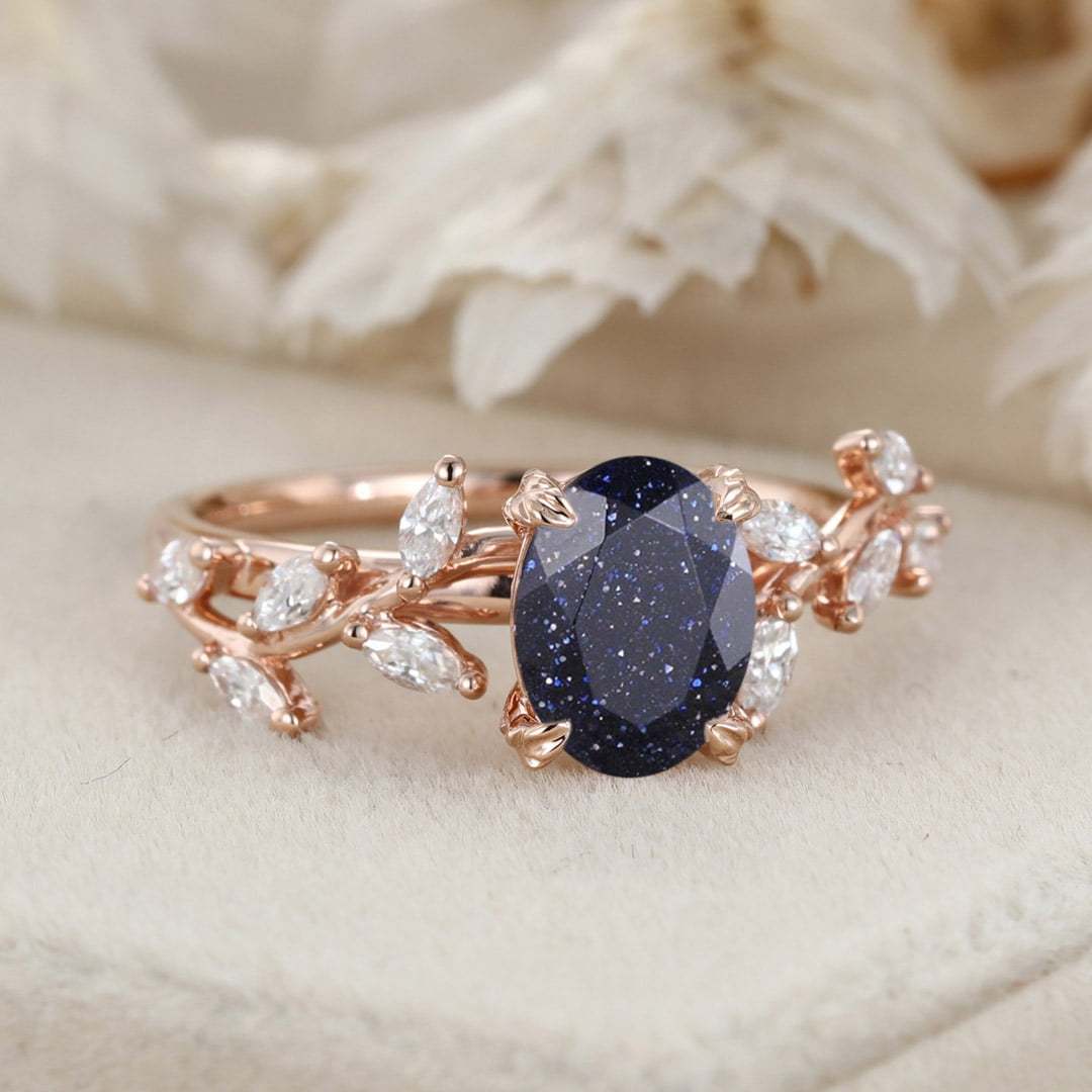 8x6mm Oval Cut Blue Sandstone Cluster Ring 14K Solid Gold Engagement Ring Branch Marquise Moissanite Cluster Ring