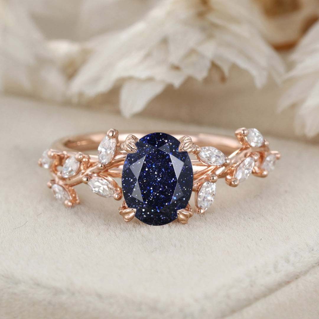 8x6mm Oval Cut Blue Sandstone Cluster Ring 14K Solid Gold Engagement Ring Branch Marquise Moissanite Cluster Ring