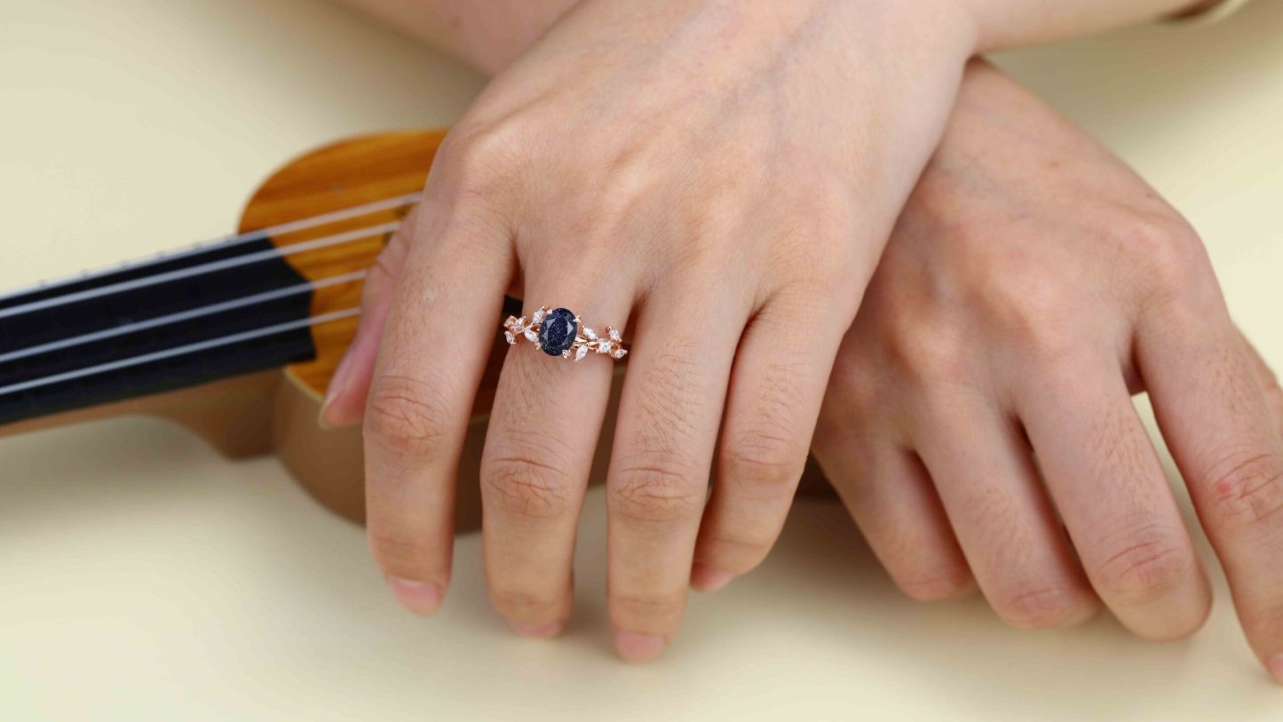 8x6mm Oval Cut Blue Sandstone Cluster Ring 14K Solid Gold Engagement Ring Branch Marquise Moissanite Cluster Ring