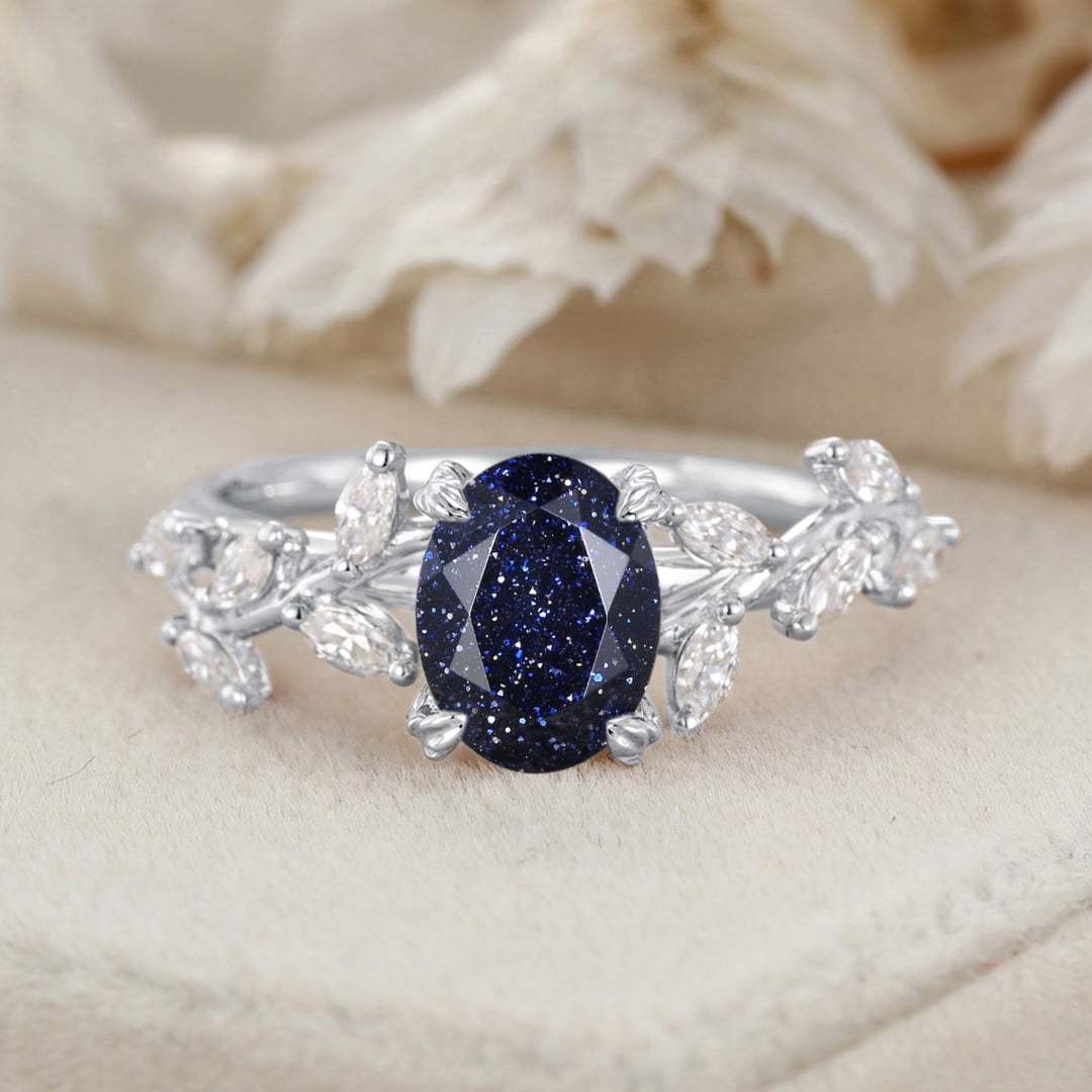 8x6mm Oval Cut Blue Sandstone Cluster Ring 14K Solid Gold Engagement Ring Branch Marquise Moissanite Cluster Ring