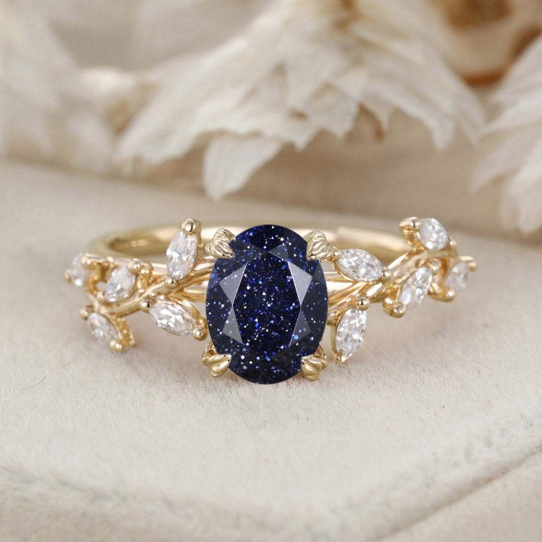 8x6mm Oval Cut Blue Sandstone Cluster Ring 14K Solid Gold Engagement Ring Branch Marquise Moissanite Cluster Ring