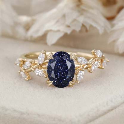 8x6mm Oval Cut Blue Sandstone Cluster Ring 14K Solid Gold Engagement Ring Branch Marquise Moissanite Cluster Ring