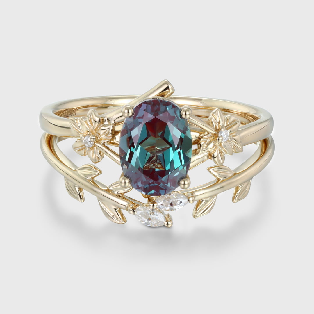 8x6mm Oval Cut Lab Alexandrite Engagement Ring Set vintage 14K Solid Gold Art Deco Flower Leaf Wedding Ring