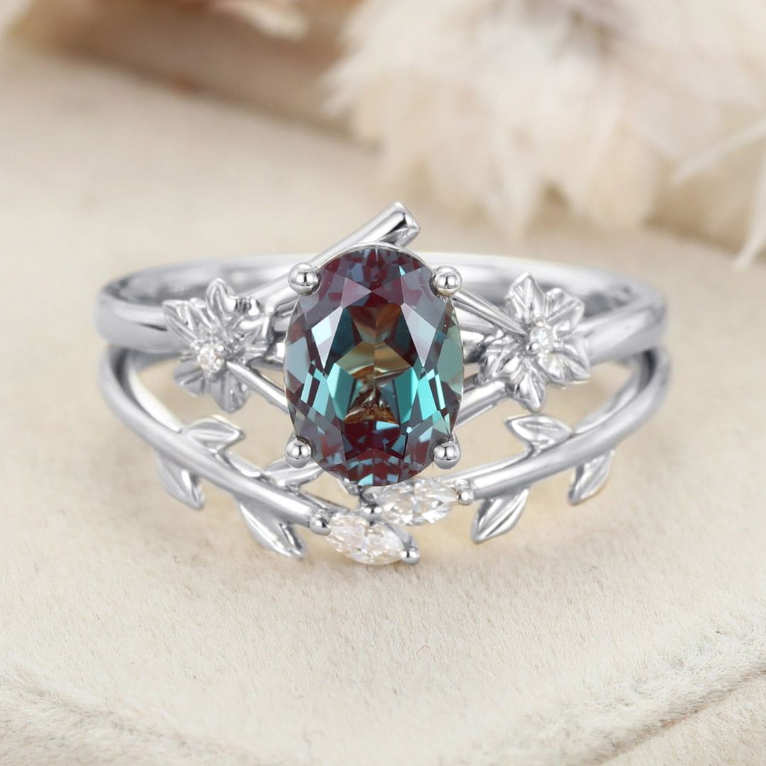 8x6mm Oval Cut Lab Alexandrite Engagement Ring Set vintage 14K Solid Gold Art Deco Flower Leaf Wedding Ring