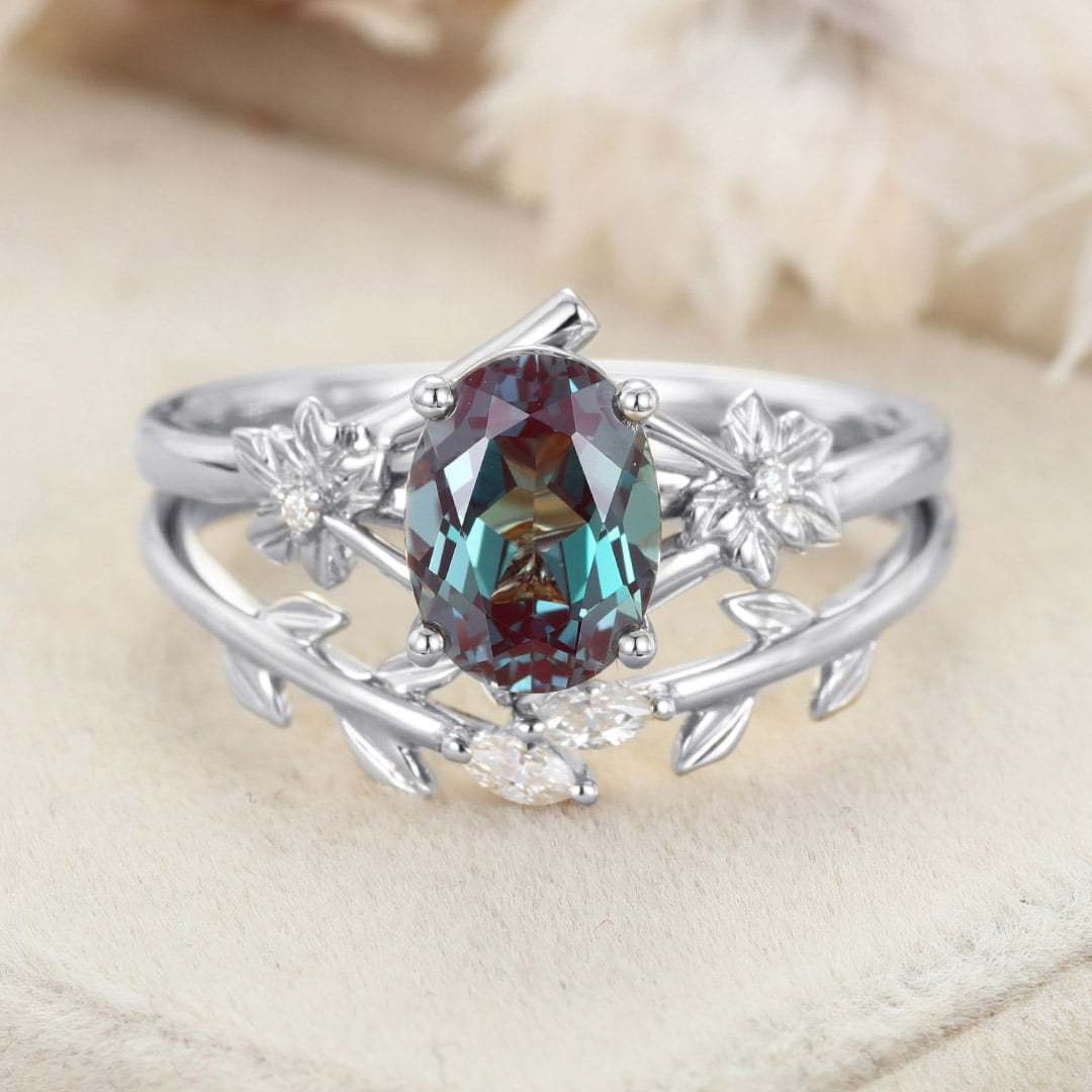 8x6mm Oval Cut Lab Alexandrite Engagement Ring Set vintage 14K Solid Gold Art Deco Flower Leaf Wedding Ring