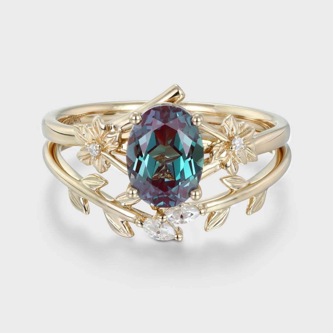 8x6mm Oval Cut Lab Alexandrite Engagement Ring Set vintage 14K Solid Gold Art Deco Flower Leaf Wedding Ring