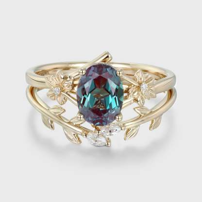 8x6mm Oval Cut Lab Alexandrite Engagement Ring Set vintage 14K Solid Gold Art Deco Flower Leaf Wedding Ring