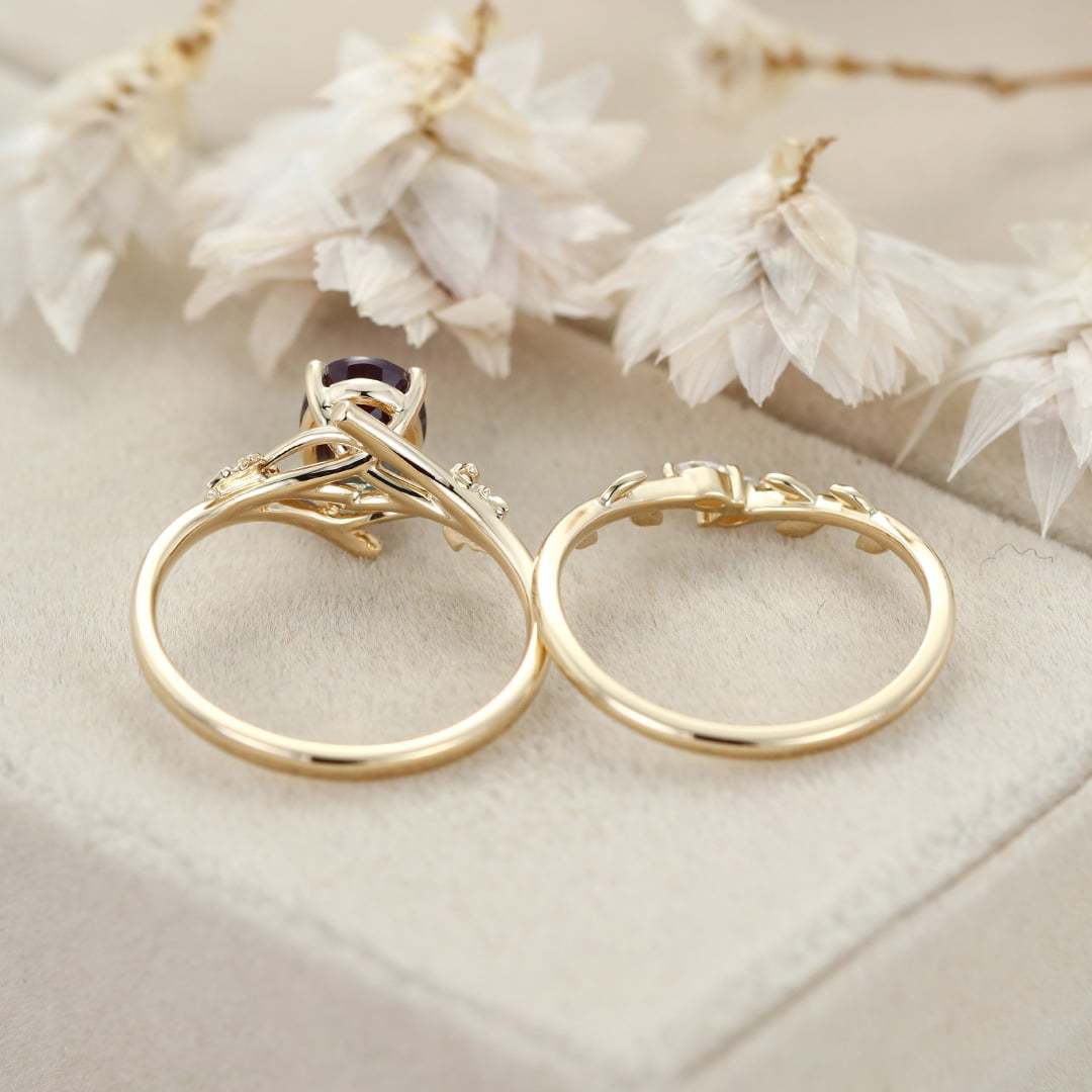 8x6mm Oval Cut Lab Alexandrite Engagement Ring Set vintage 14K Solid Gold Art Deco Flower Leaf Wedding Ring