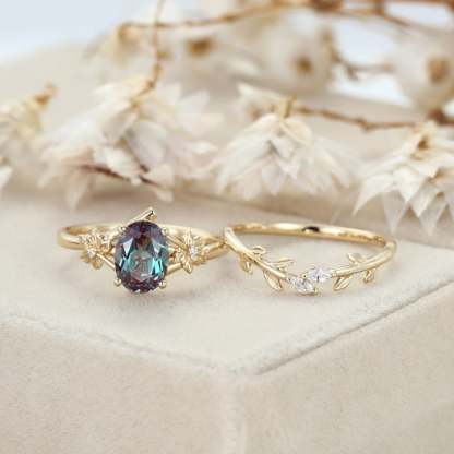 8x6mm Oval Cut Lab Alexandrite Engagement Ring Set vintage 14K Solid Gold Art Deco Flower Leaf Wedding Ring