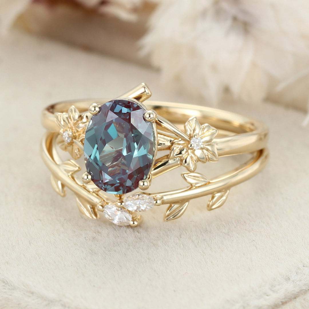 8x6mm Oval Cut Lab Alexandrite Engagement Ring Set vintage 14K Solid Gold Art Deco Flower Leaf Wedding Ring
