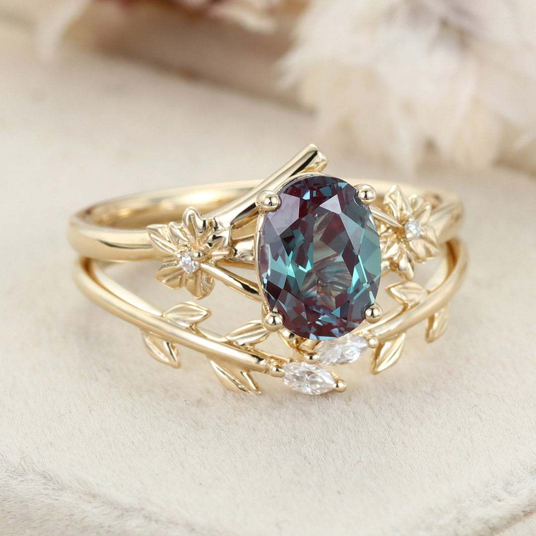 8x6mm Oval Cut Lab Alexandrite Engagement Ring Set vintage 14K Solid Gold Art Deco Flower Leaf Wedding Ring