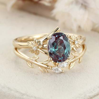8x6mm Oval Cut Lab Alexandrite Engagement Ring Set vintage 14K Solid Gold Art Deco Flower Leaf Wedding Ring