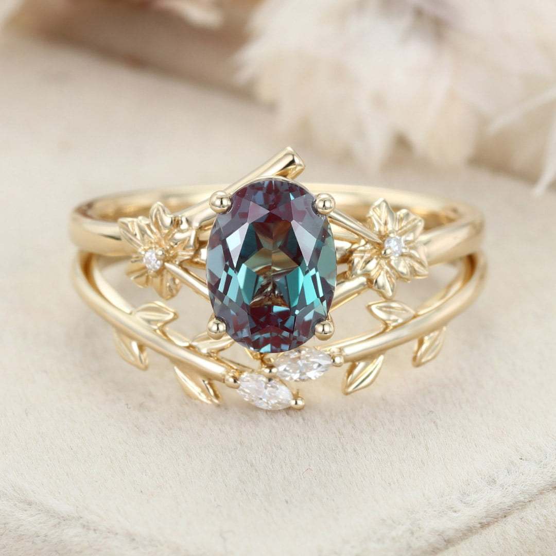 8x6mm Oval Cut Lab Alexandrite Engagement Ring Set vintage 14K Solid Gold Art Deco Flower Leaf Wedding Ring
