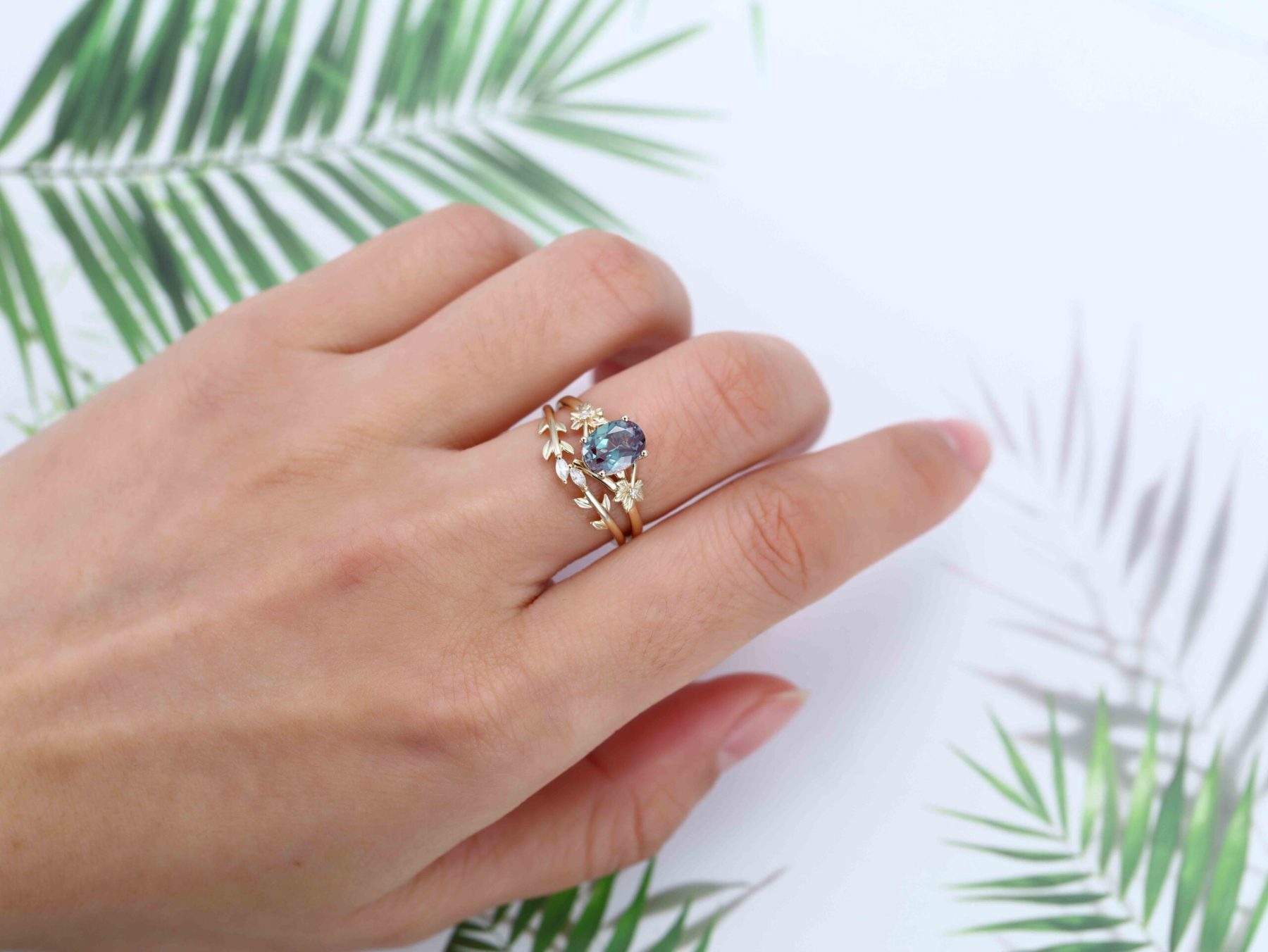 8x6mm Oval Cut Lab Alexandrite Engagement Ring Set vintage 14K Solid Gold Art Deco Flower Leaf Wedding Ring