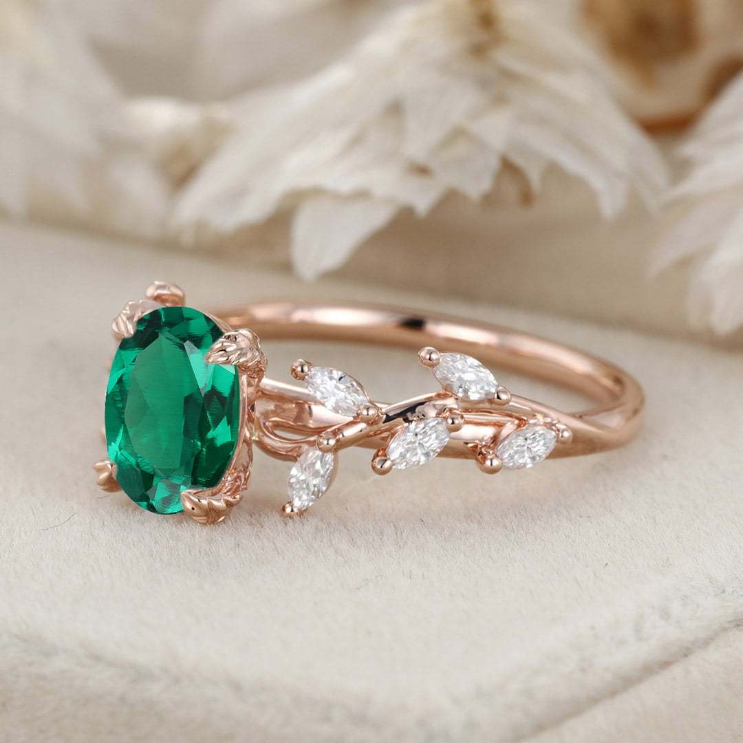 8x6mm Oval Shaped Lab-Grown Emerald Ring 14K Solid Gold Engagement Ring Branch Marquise Moissanite Cluster Ring