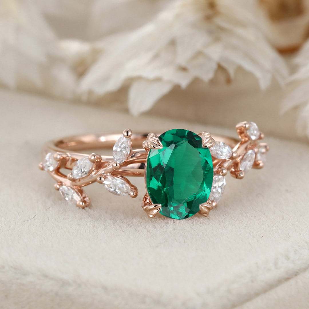 8x6mm Oval Shaped Lab-Grown Emerald Ring 14K Solid Gold Engagement Ring Branch Marquise Moissanite Cluster Ring