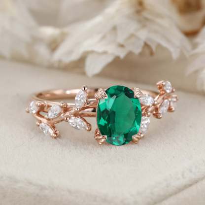 8x6mm Oval Shaped Lab-Grown Emerald Ring 14K Solid Gold Engagement Ring Branch Marquise Moissanite Cluster Ring