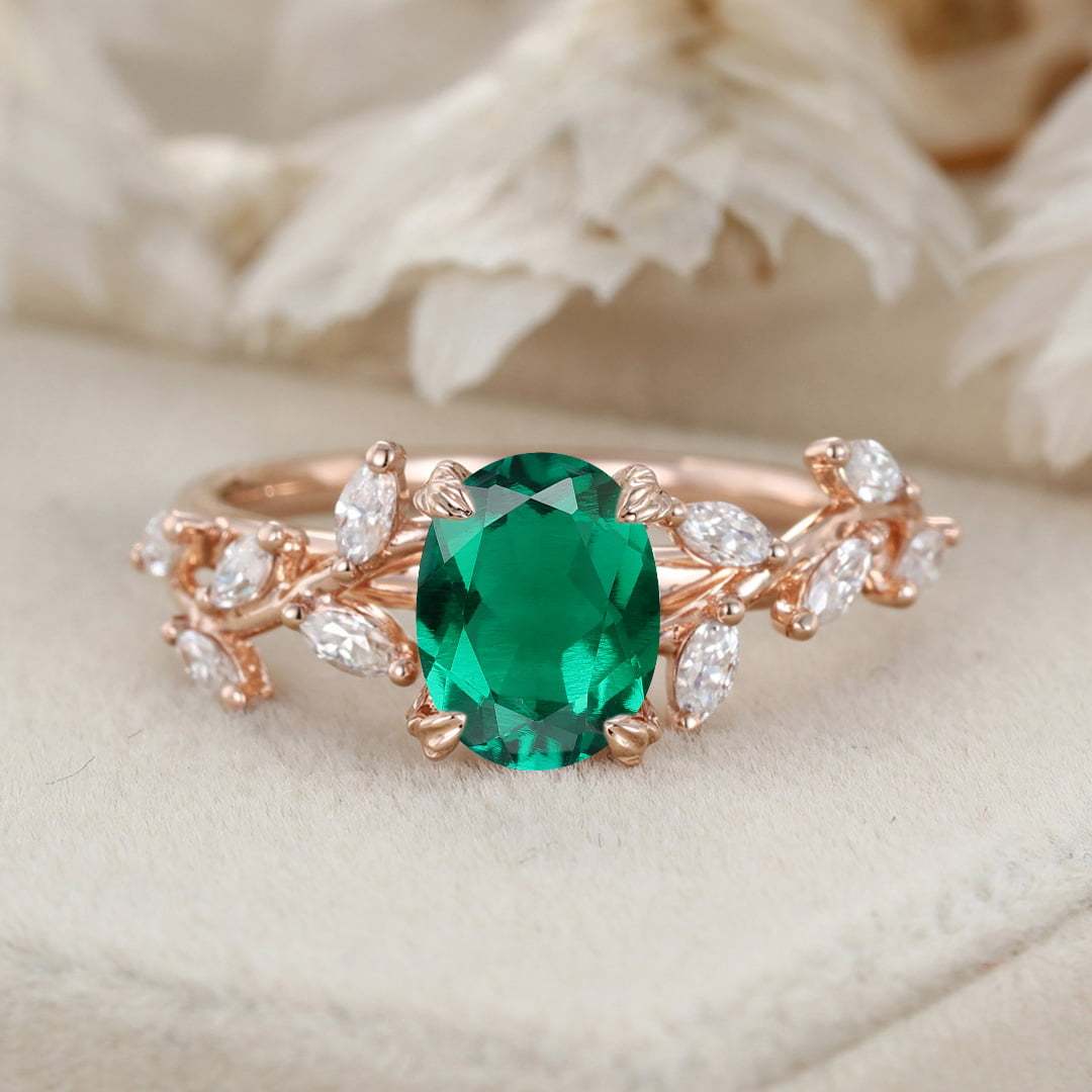8x6mm Oval Shaped Lab-Grown Emerald Ring 14K Solid Gold Engagement Ring Branch Marquise Moissanite Cluster Ring