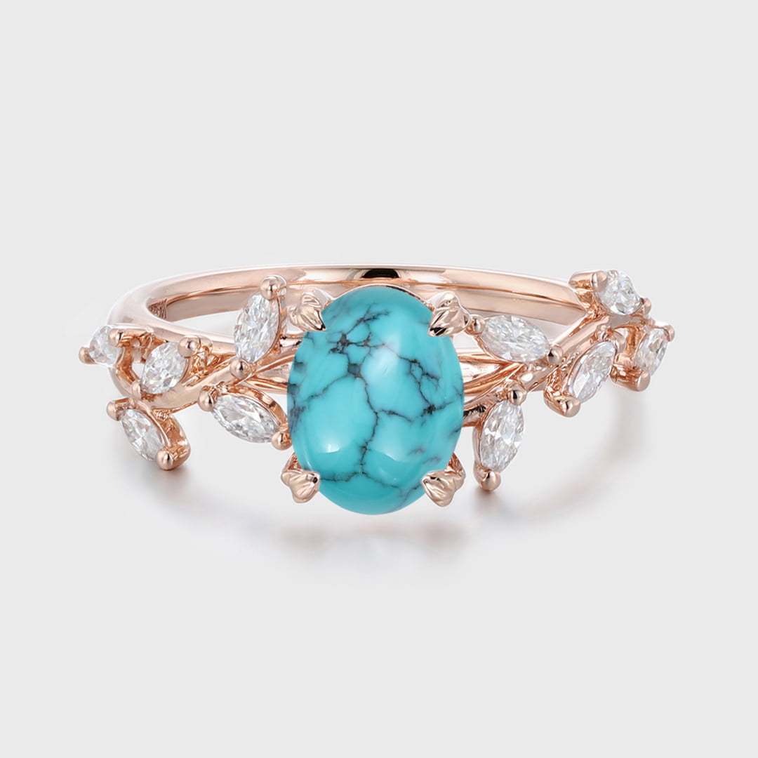 8x6mm Oval Shaped Natural Blue Turquoise Ring 14K Solid Gold Engagement Ring Branch Marquise Moissanite Cluster Ring