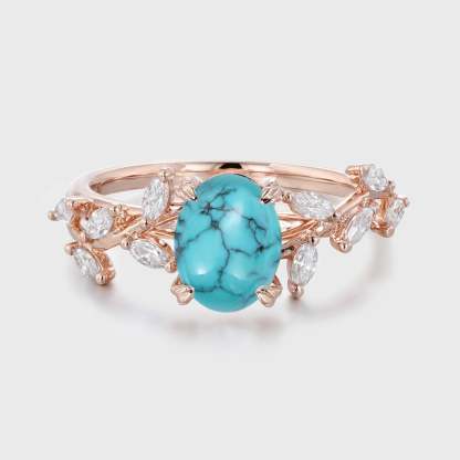 8x6mm Oval Shaped Natural Blue Turquoise Ring 14K Solid Gold Engagement Ring Branch Marquise Moissanite Cluster Ring