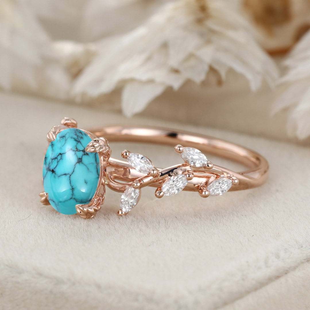 8x6mm Oval Shaped Natural Blue Turquoise Ring 14K Solid Gold Engagement Ring Branch Marquise Moissanite Cluster Ring
